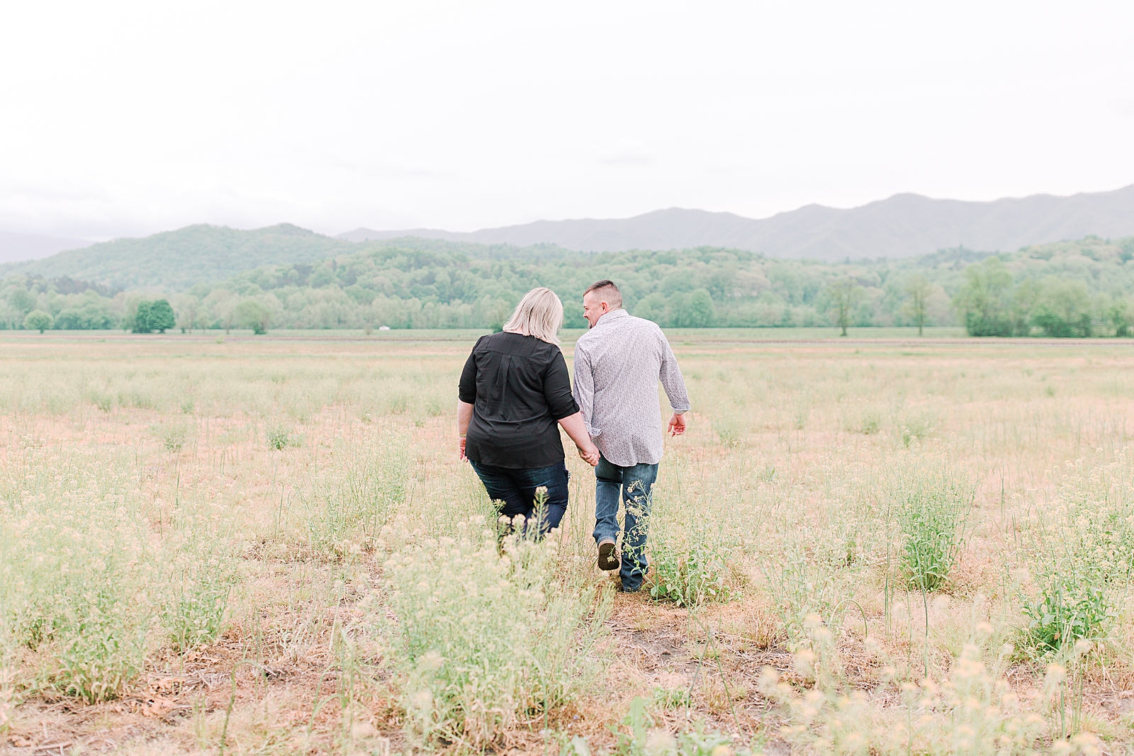 Asheville Anniversary Session couple walking away from camera in field toward mountains Photo