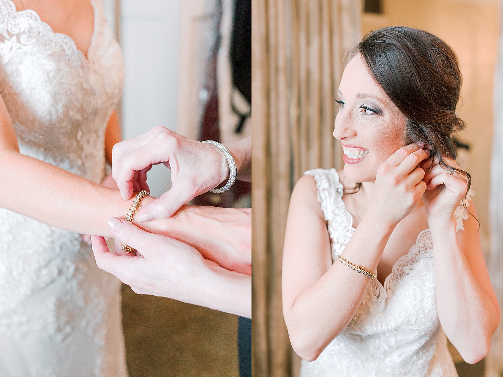 Hackney Warehouse Wedding Bride putting on Jewelry Photos