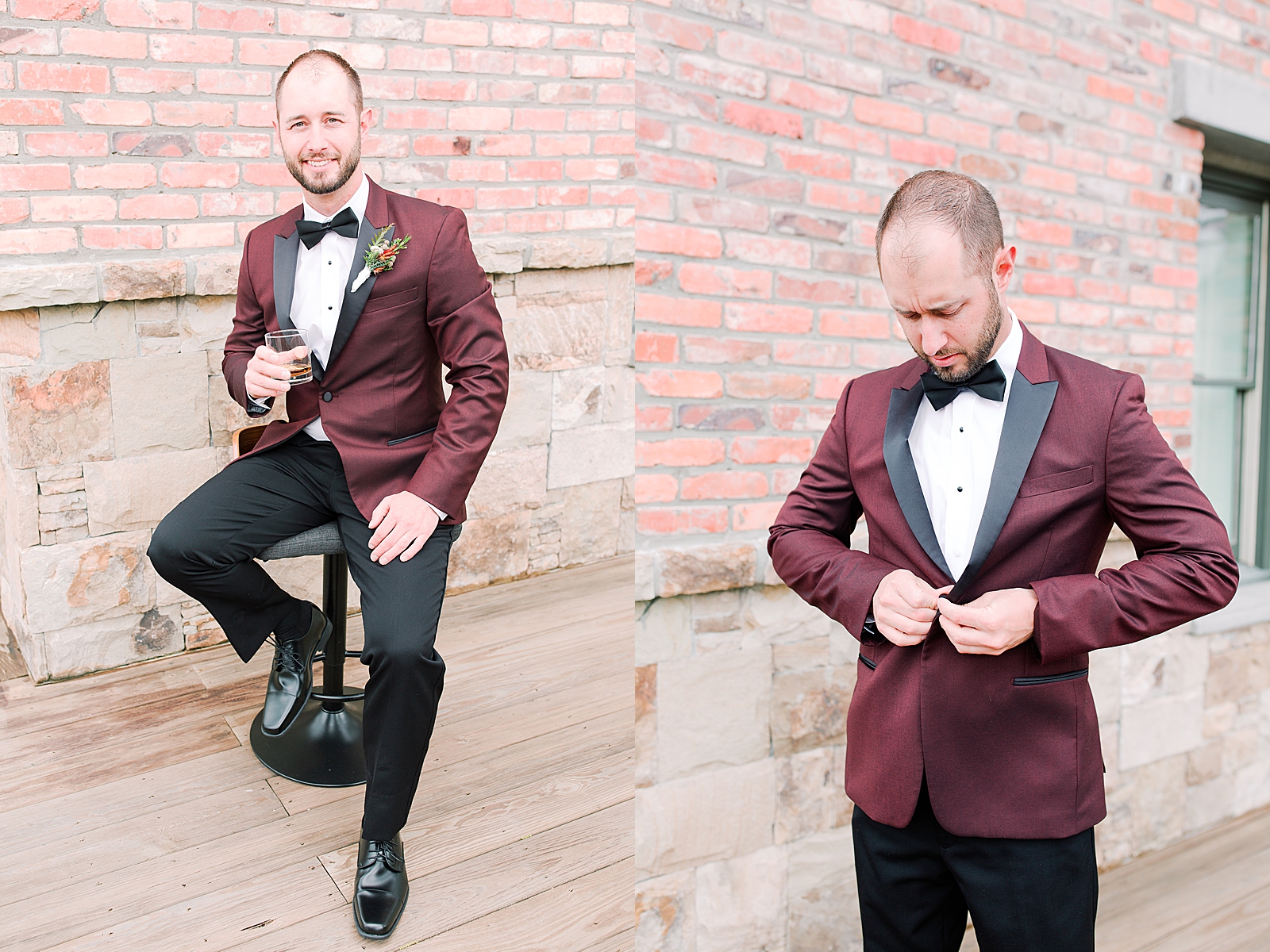 Hackney Warehouse Wedding Groom Getting Jacket on and holding a glass of Whiskey Photos