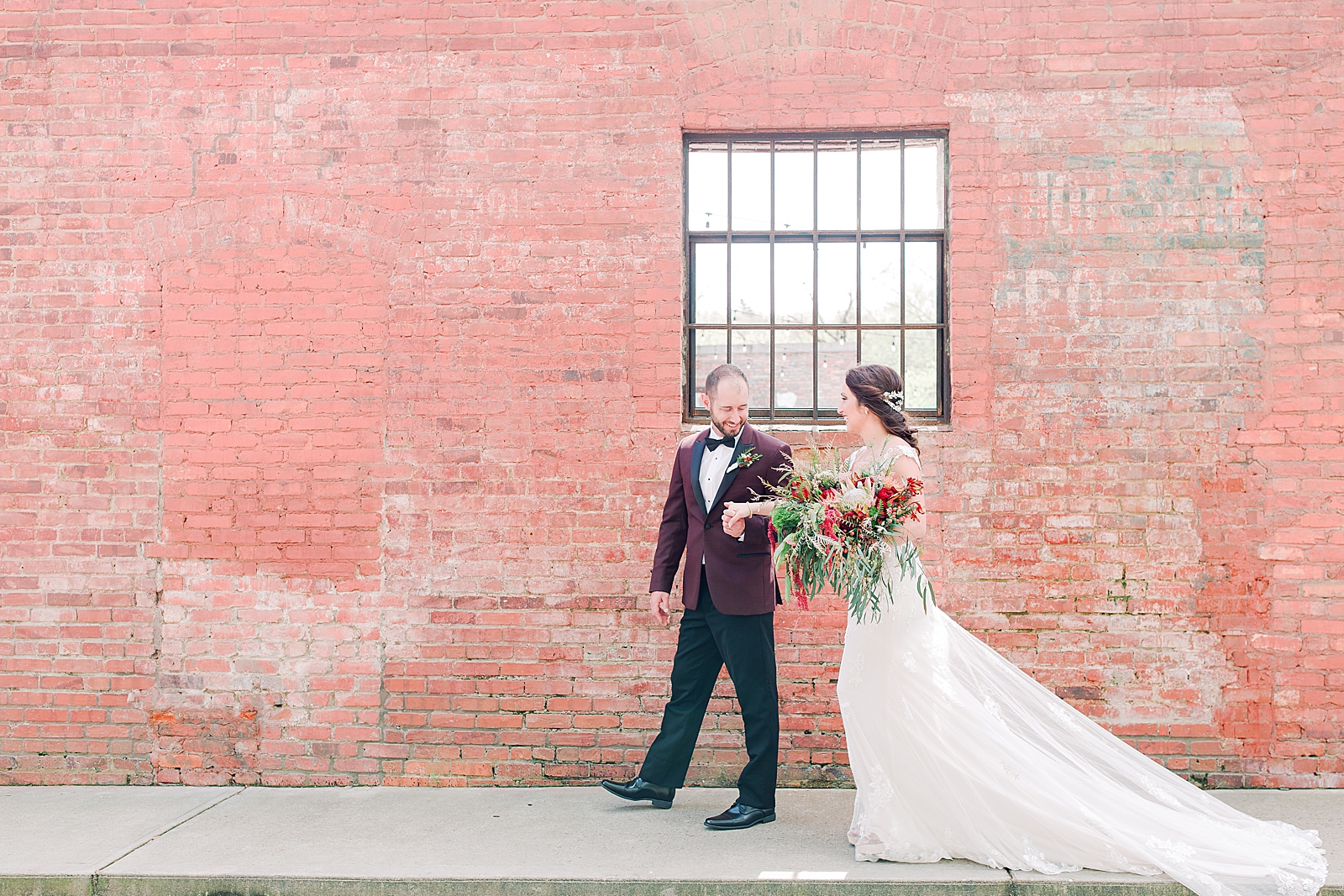 Hackney Warehouse Wedding Bride and Groom Walking on Sidewalk Photo
