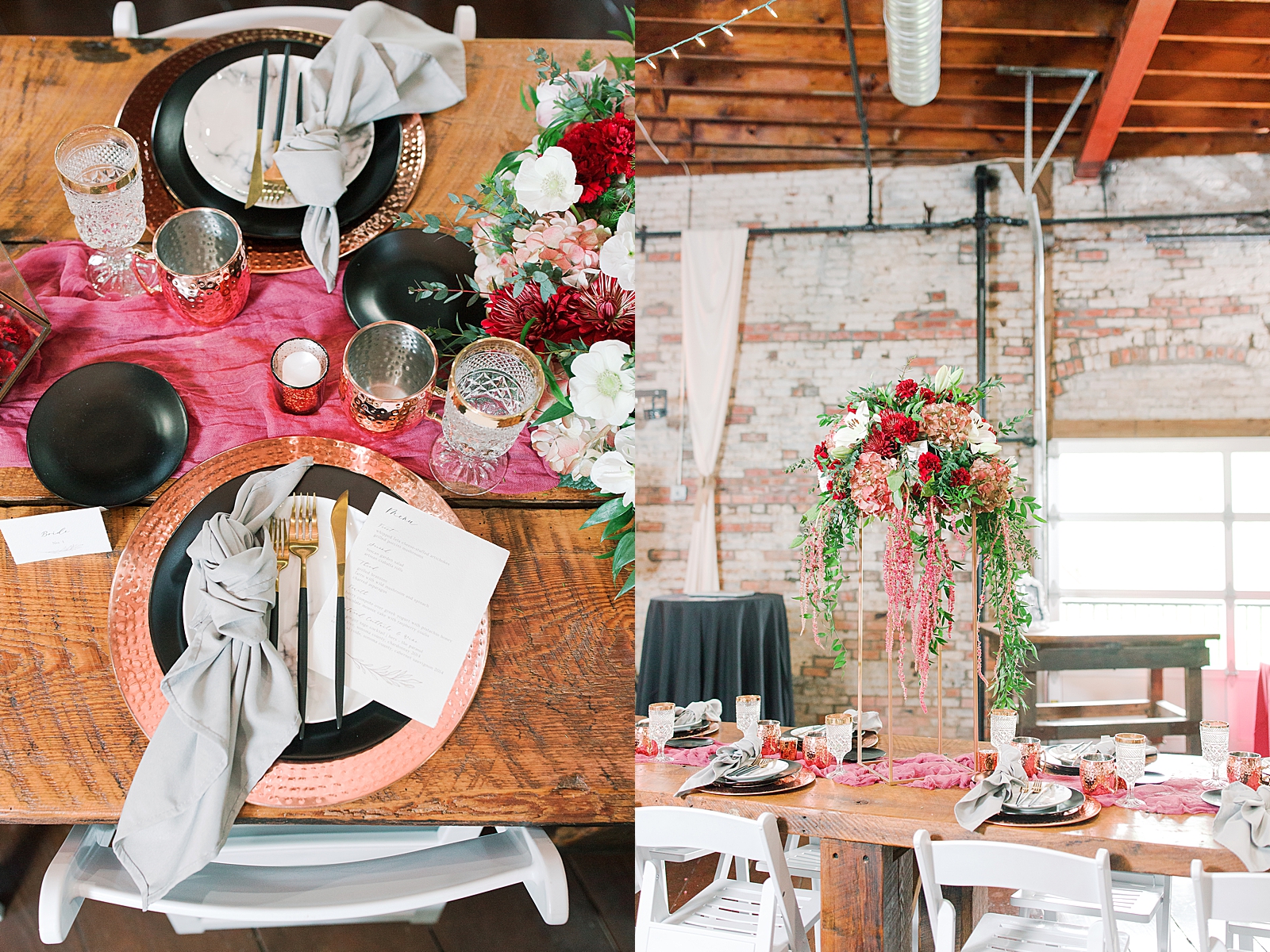 Hackney Warehouse Wedding Reception table flatware and centerpiece Photos