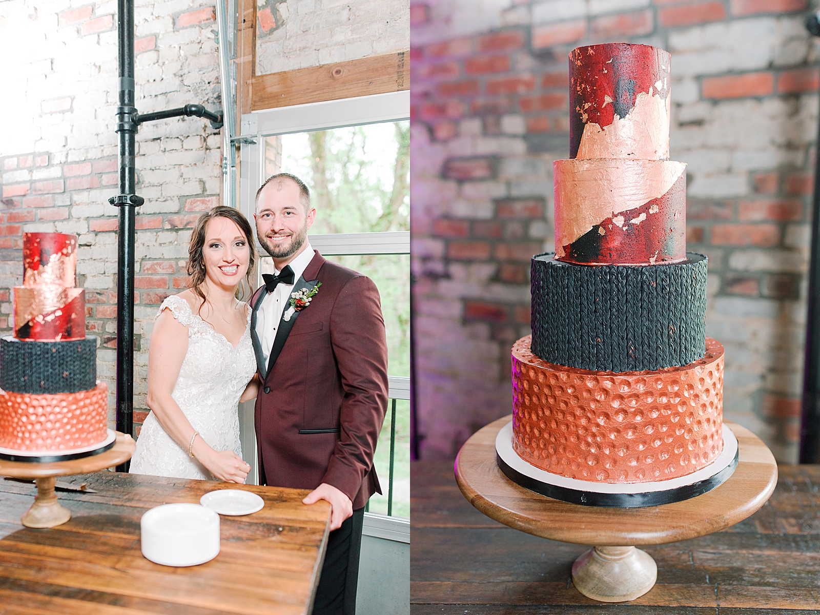 Hackney Warehouse Wedding Reception Bride and Groom smiling at camera next to cake and cake Photos