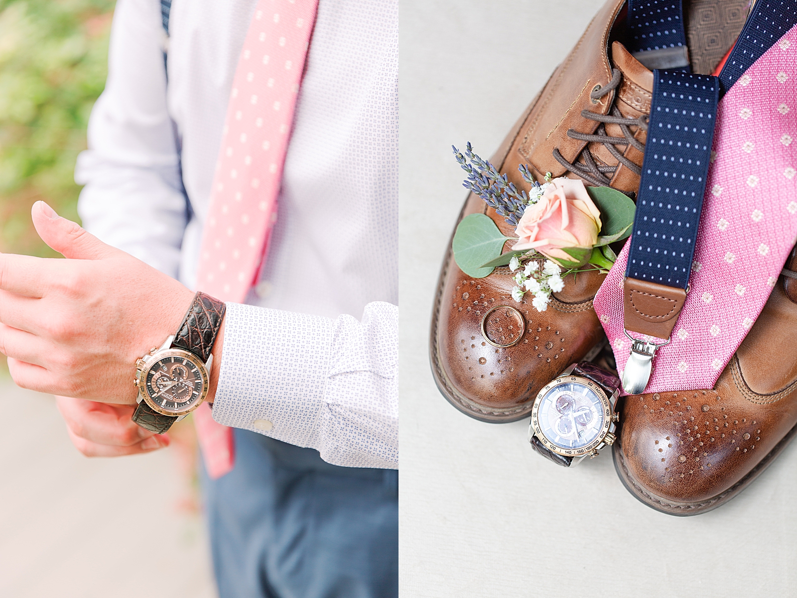 Spring Hawkesdene Wedding Groom putting on watch and grooms shoes tie ring and watch details Photos