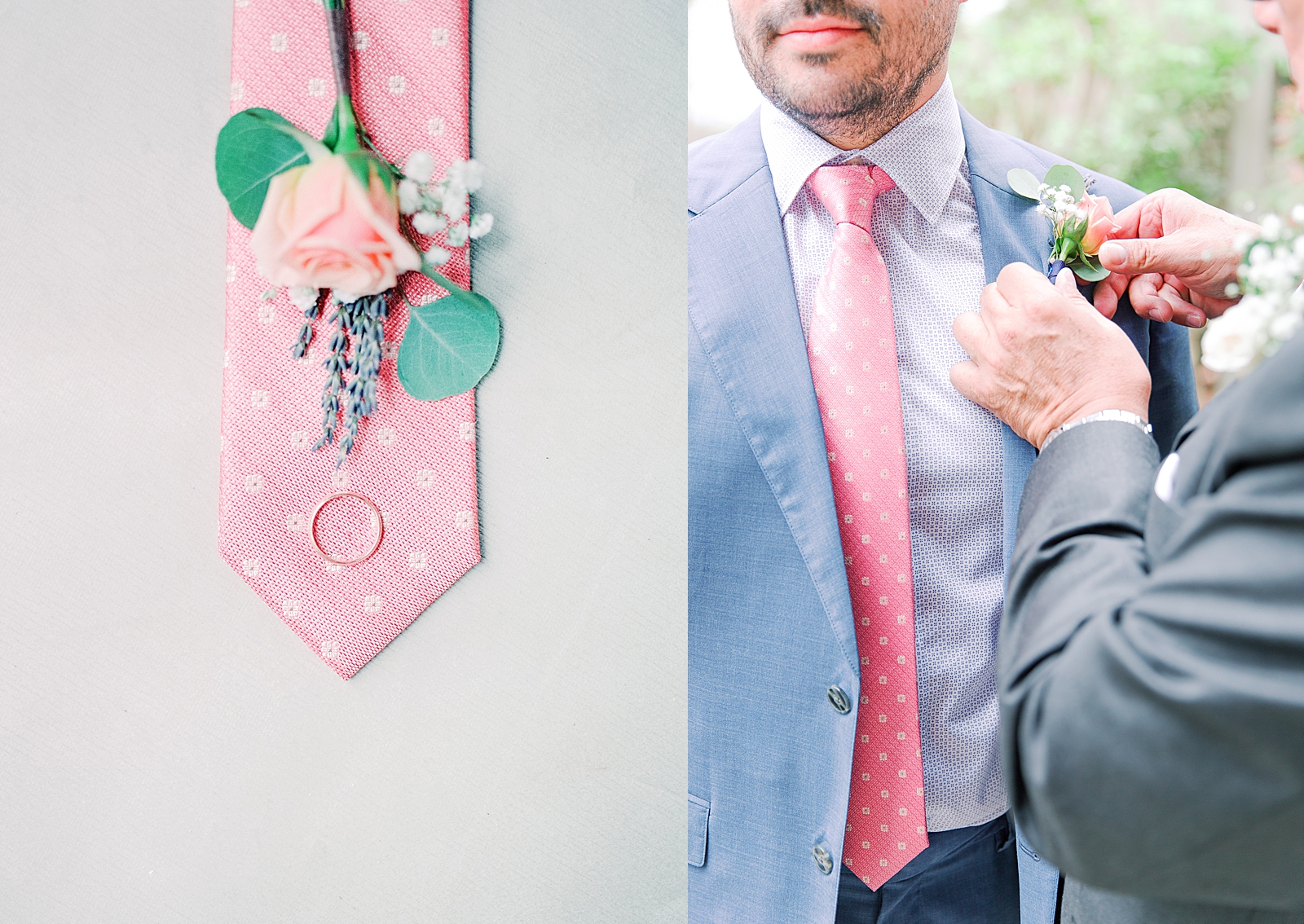 Spring Hawkesdene Wedding pink tie with grooms ring and boutonnière and dad putting on grooms boutonnière Photos