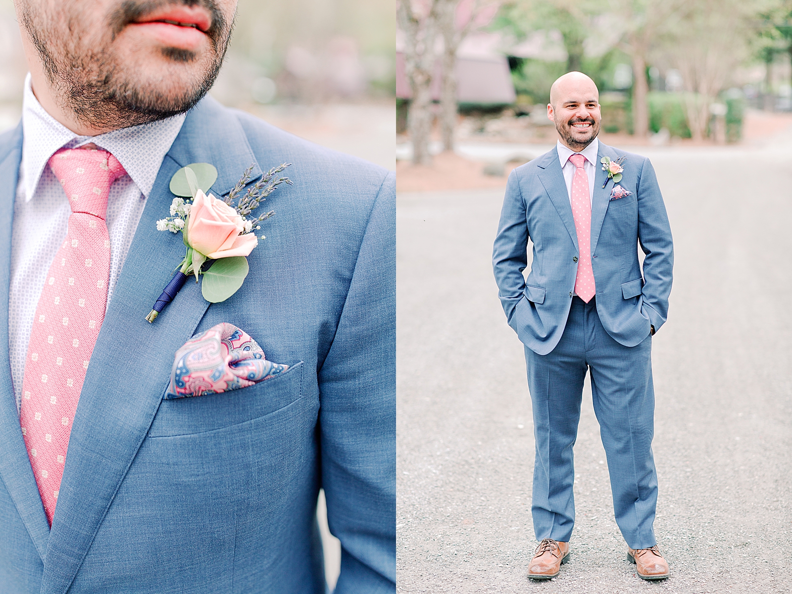 Spring Hawkesdene Wedding Detail of grooms tie boutonniere and pocket square and groom smiling Photos