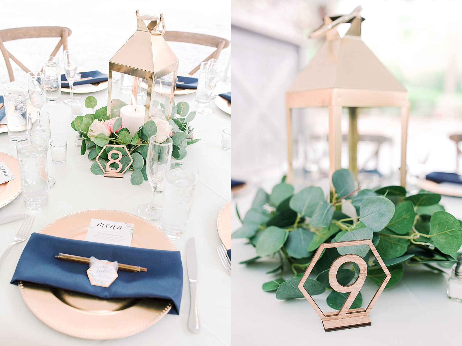 Spring Hawkesdene Wedding Reception table details with gold lanterns Photos