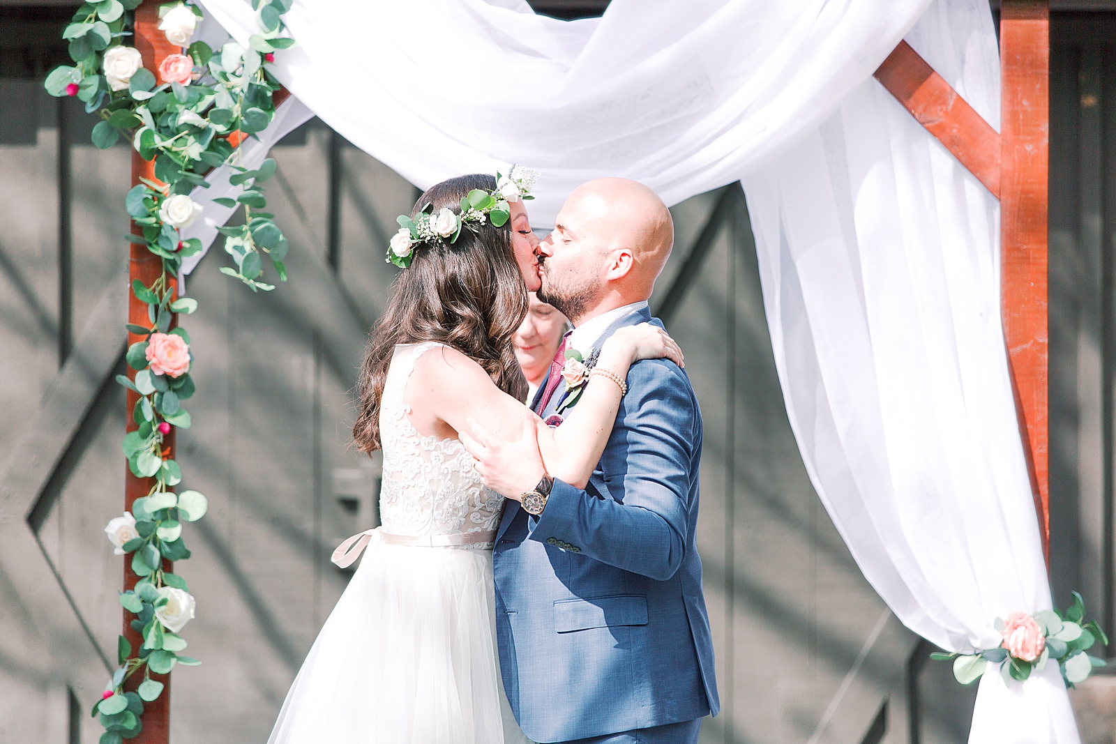Spring Hawkesdene Wedding Ceremony Bride and Groom first kiss Photo