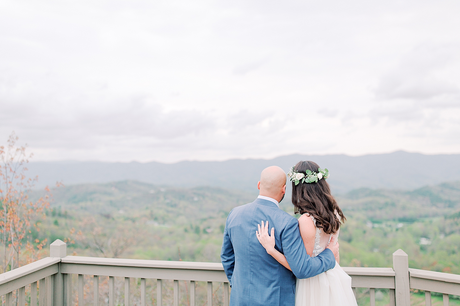 Spring Hawkesdene Wedding Bride and Groom overlooking mountain view Photo