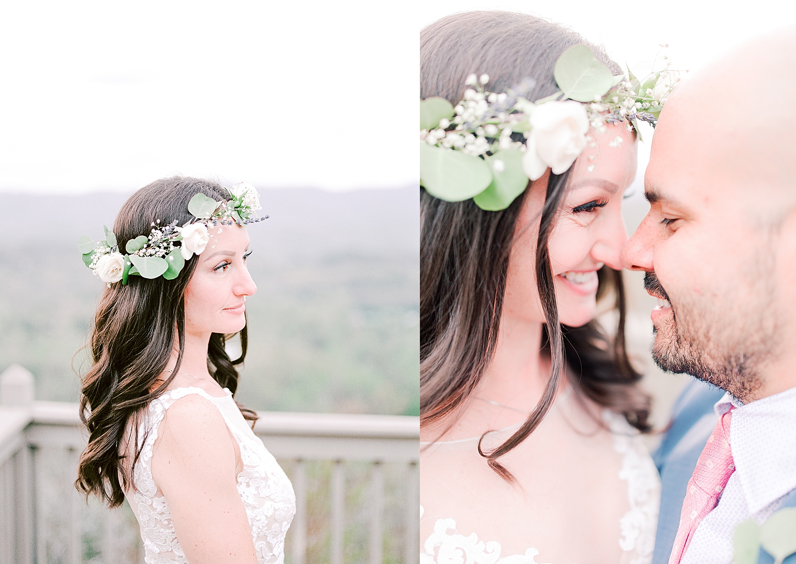Spring Hawkesdene Wedding Bride wearing flower crown and Bride and groom nose to nose Photos