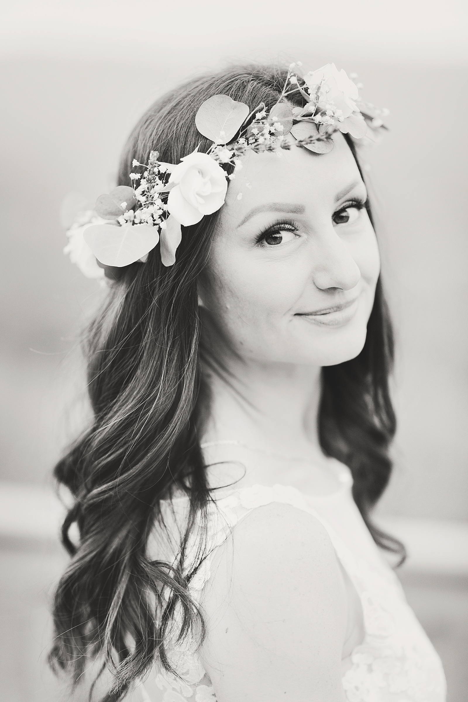 Spring Hawkesdene Wedding Black and White of bride with flower crown Photo