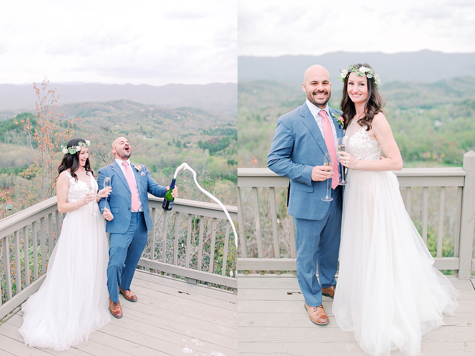 Spring Hawkesdene Wedding Mountaintop bride and Groom popping champagne Photos