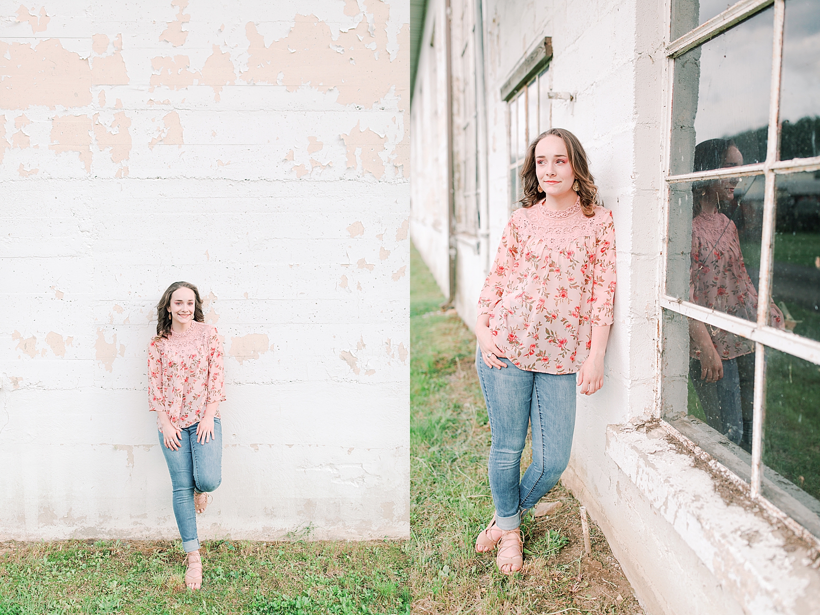 High School Senior Session Girl in pink shirt leaning on white wall Photos