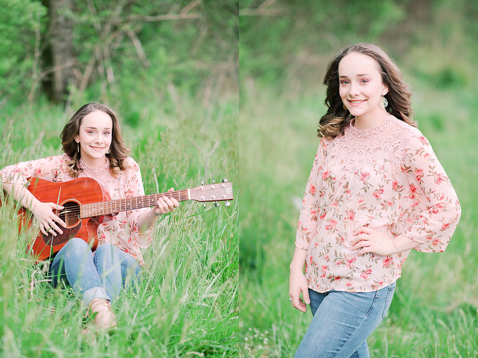 High School Senior Session Girl in pink shirt sitting in grass playing guitar and smiling at camera Photos