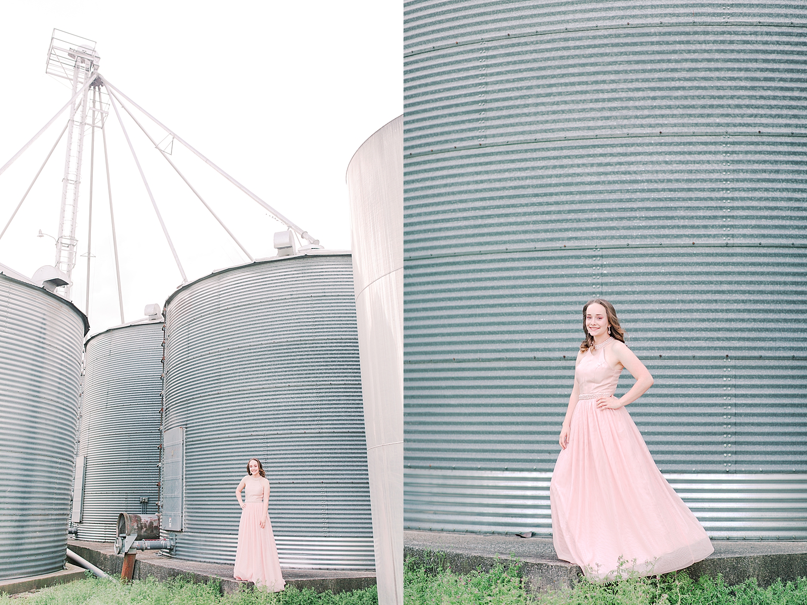 High School Senior Session Zoe standing in front of silos in pink prom dress Photos