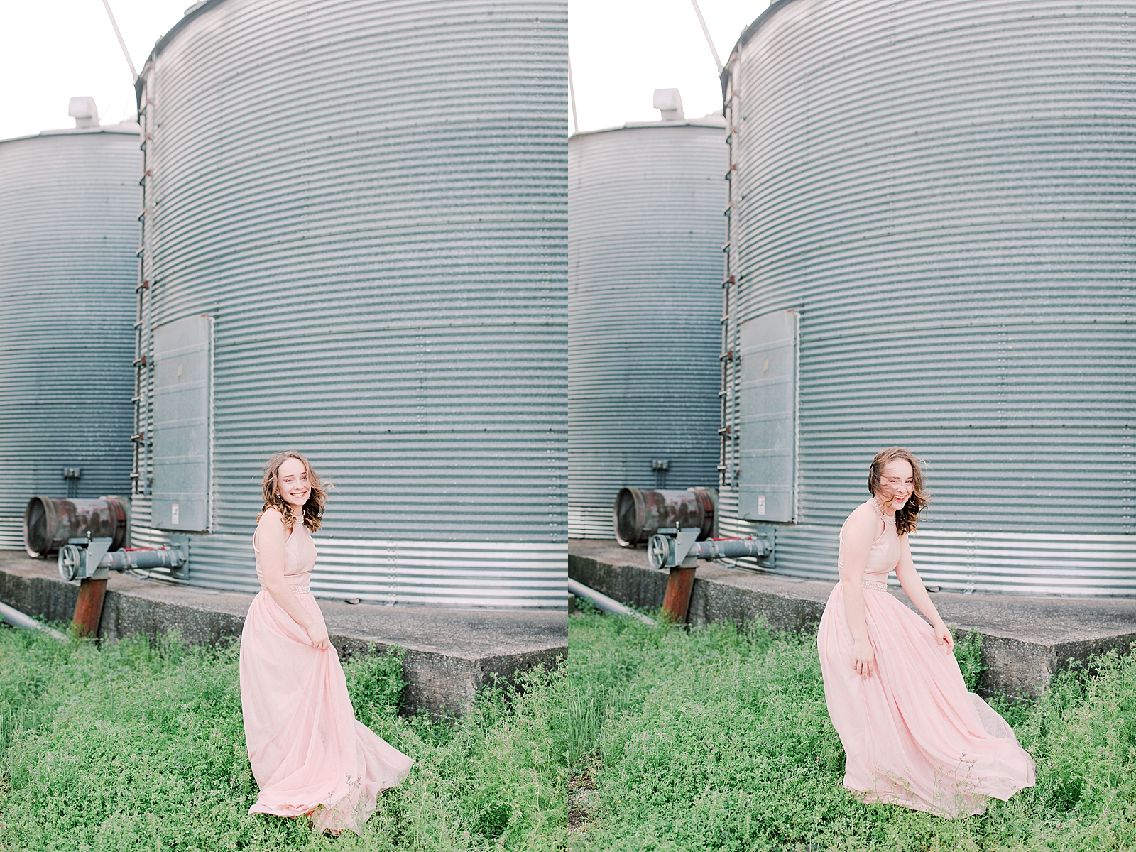 High School Senior Session Zoe twirling in front of silos Photos