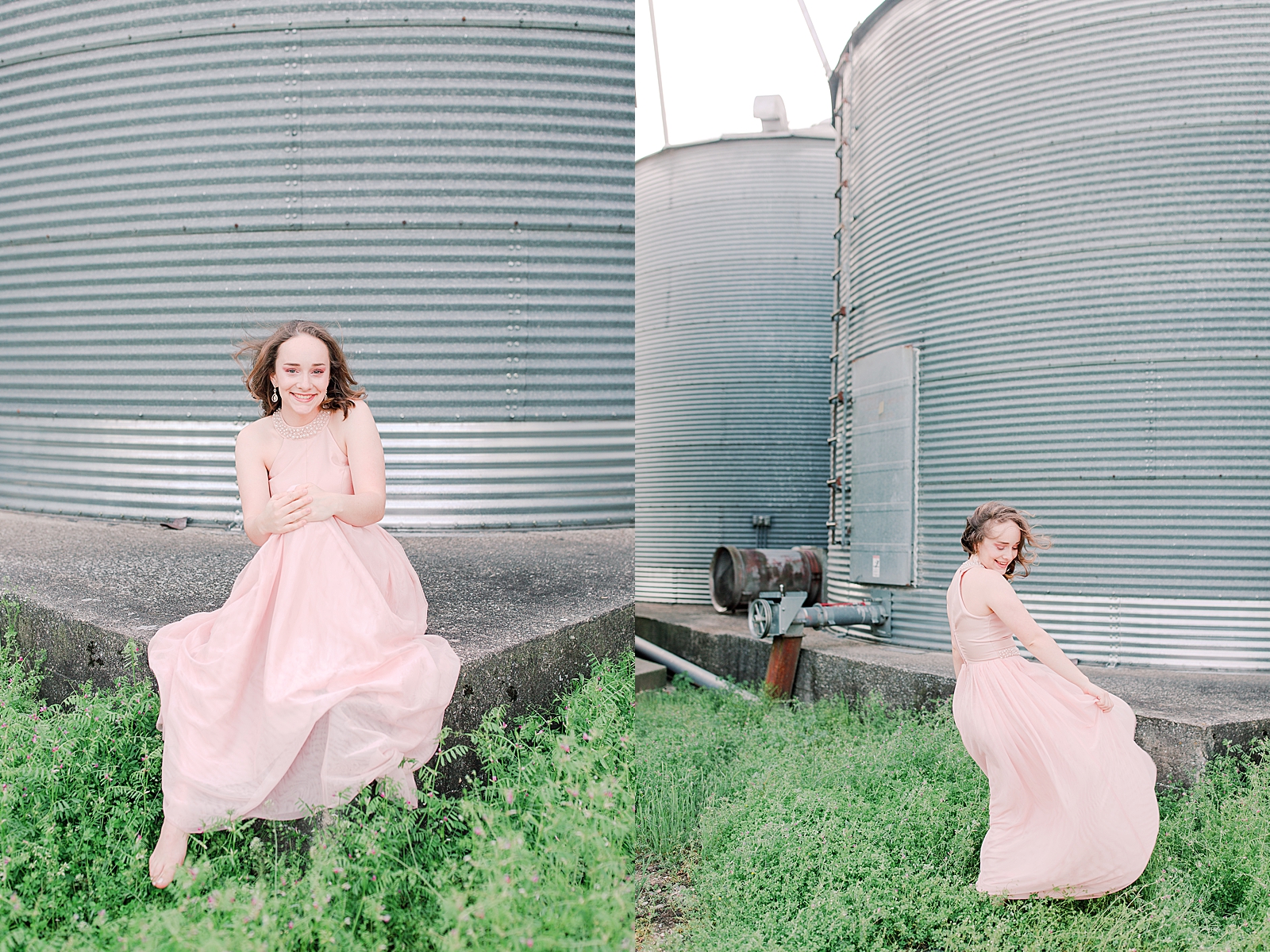 High School Senior Session Zoe in front of silos in pink prom dress Photos