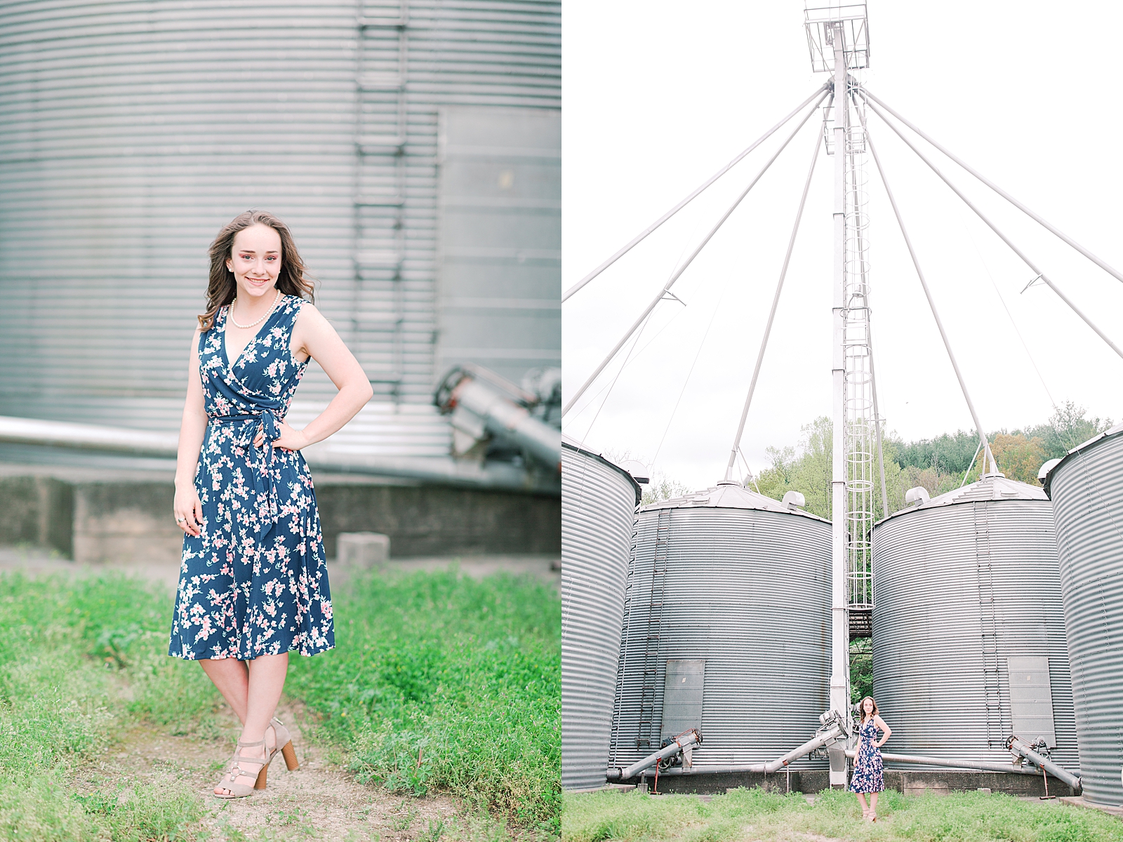 High School Senior Session Zoe in blue floral dress smiling in front of silos Photos