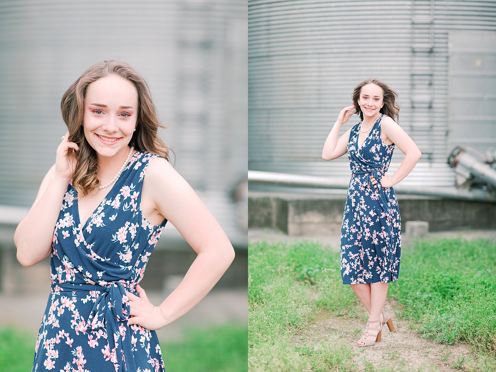 High School Senior Session Zoe smiling in front of silos tucking hair Photos