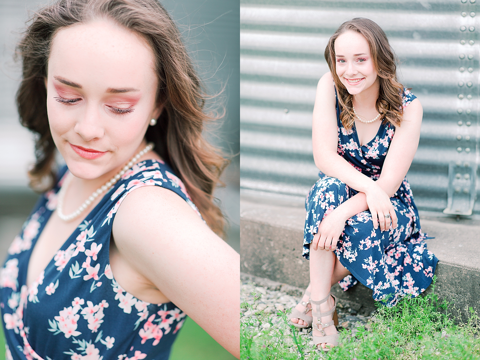 High School Senior Session girl in blue floral dress looking over shoulder and smiling at camera Photos