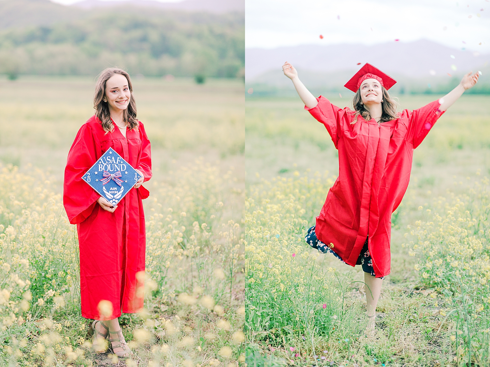 High School Senior Session Zoe in Red Cap and gown smiling and jumping Photos
