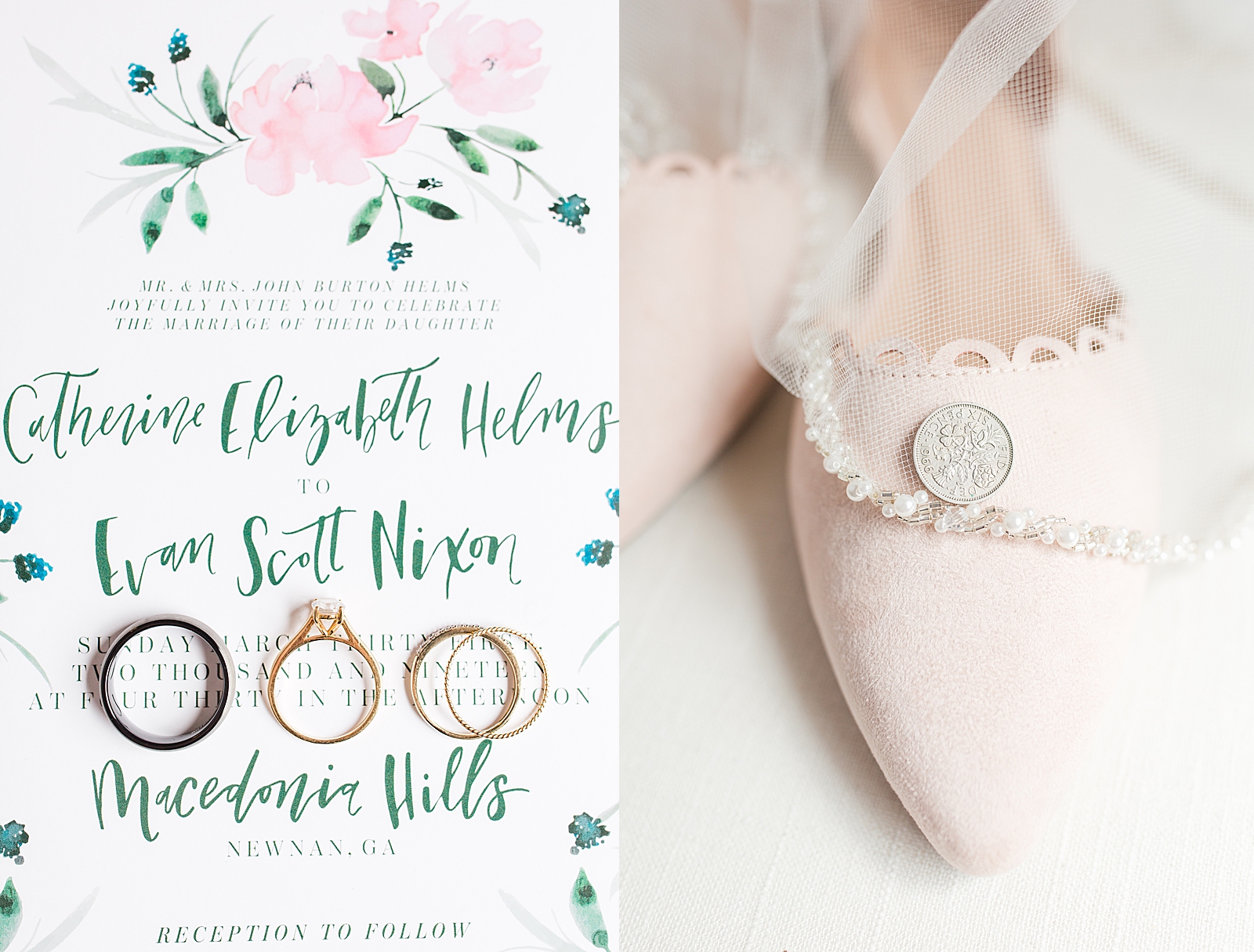 Macedonia Hills Wedding Invitation Suite with Rings and Brides shoes with Six Pence and Veil Photos