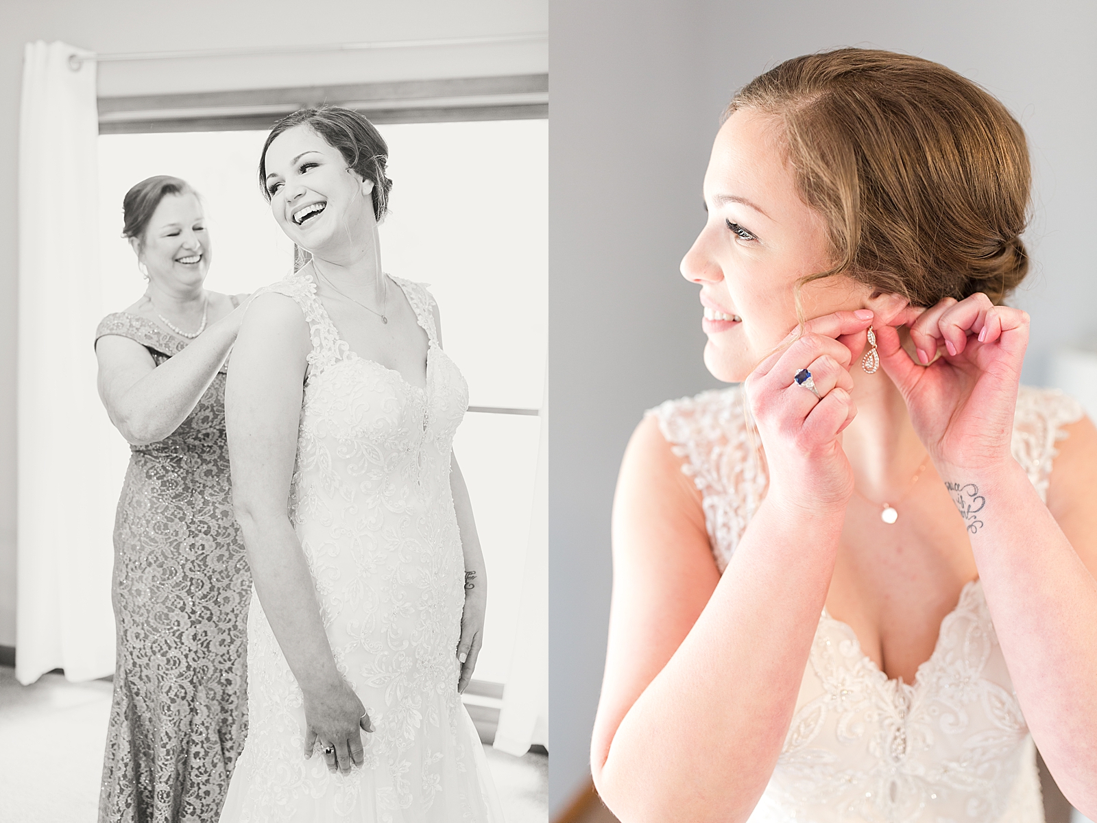 Macedonia Hills Wedding Black and White of Bride laughing with mom and Bride putting earrings in Photos