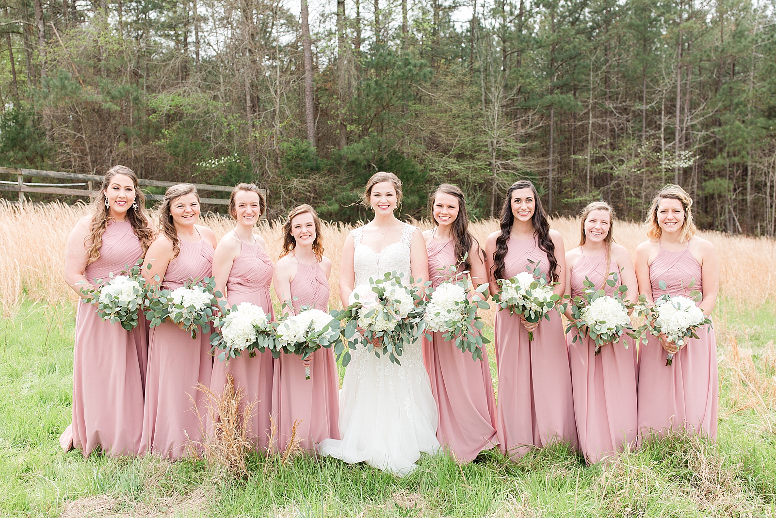 Macedonia Hills Wedding Bride with Bridesmaids in Dusty Rose and White Hydrangea Flowers Photo