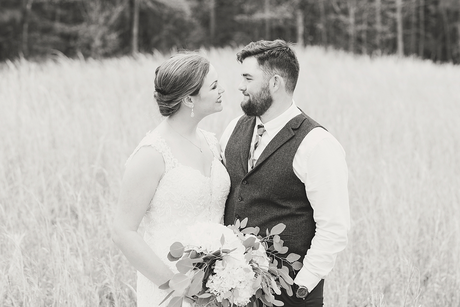 Macedonia Hills Wedding Black and White of Bride and Groom in Field Photo