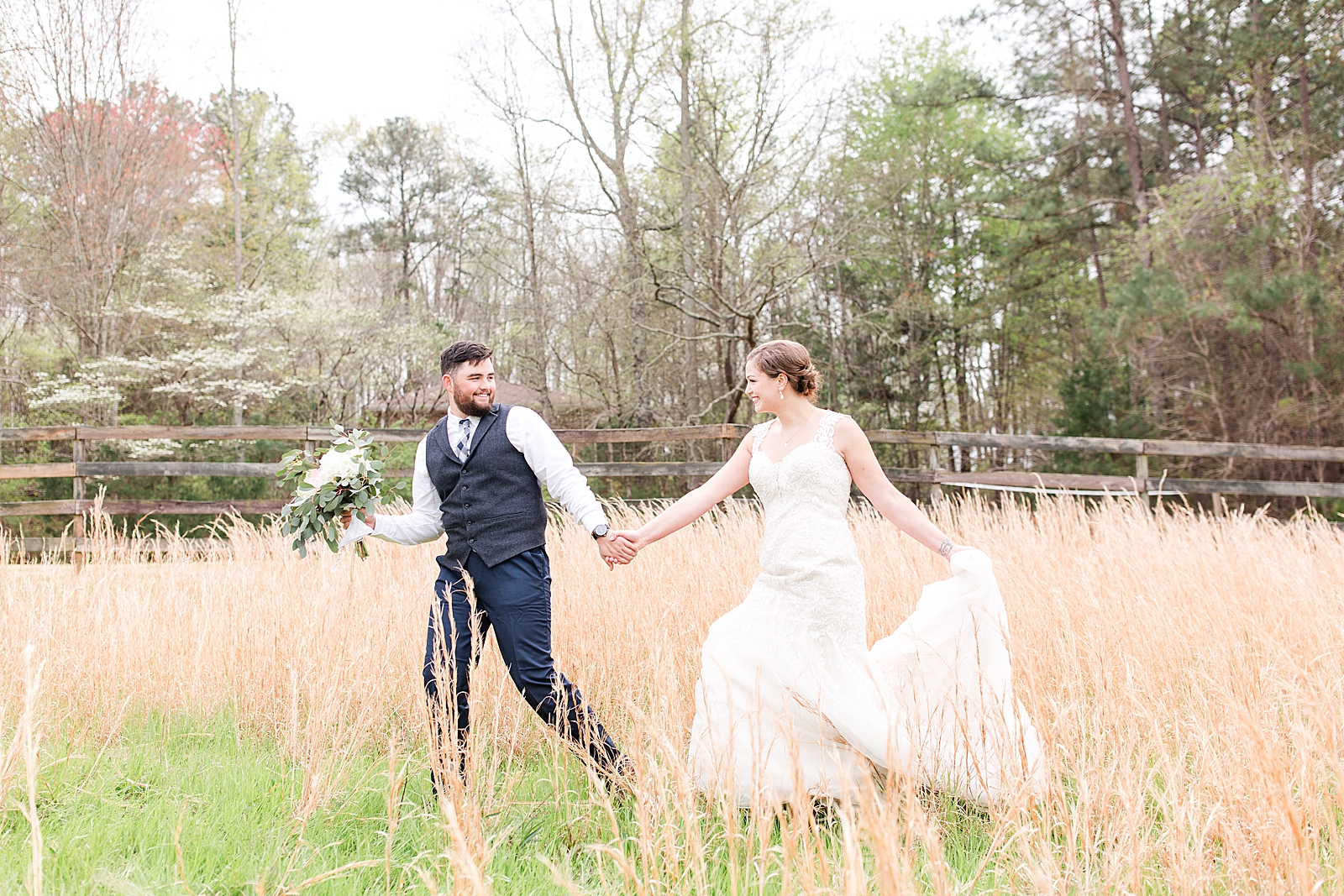 Macedonia Hills Wedding Bride and Groom Walking in Field Photo