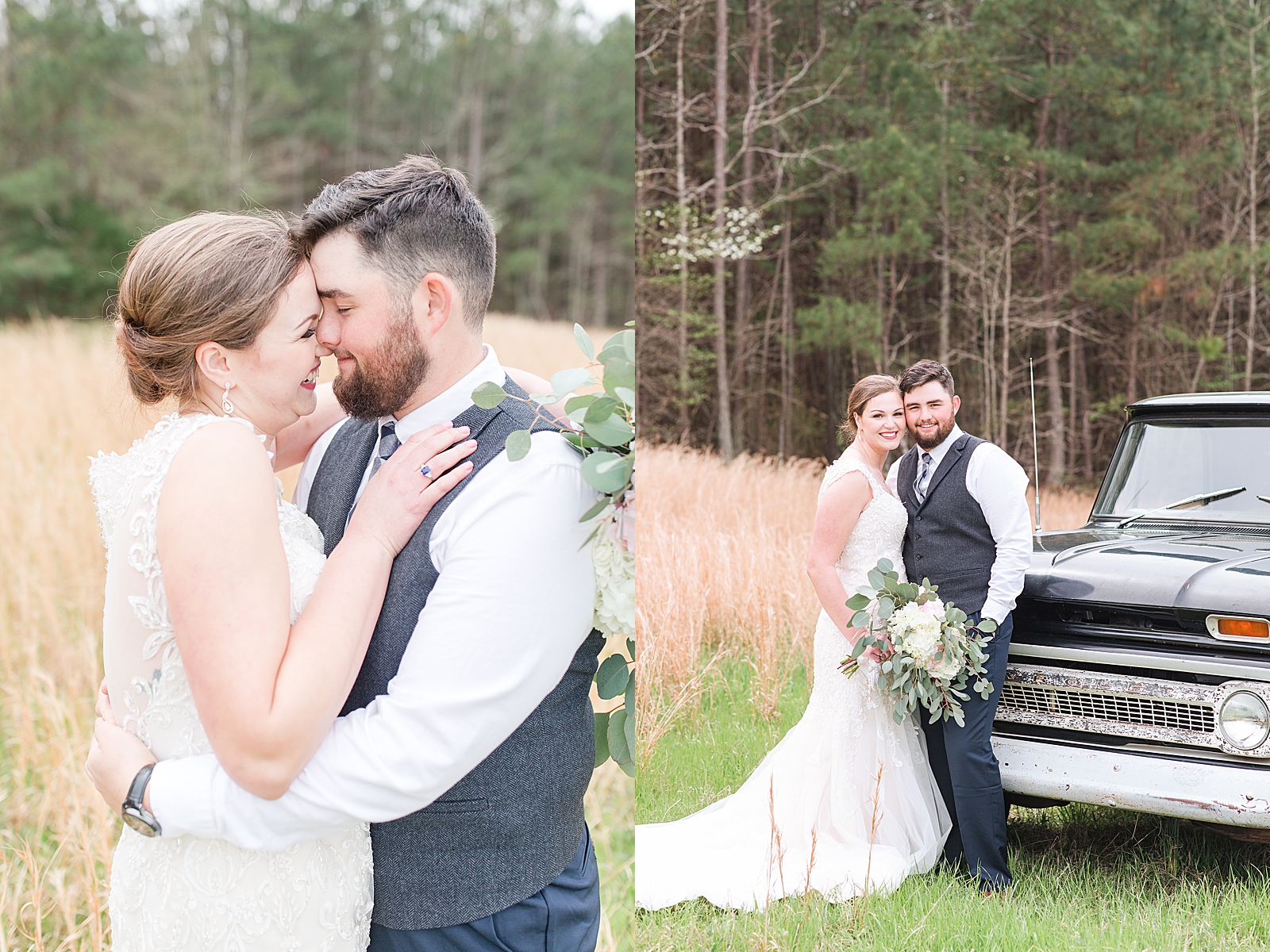 Macedonia Hills Wedding Bride and Groom Snuggling in Field and in front of old chevy Photos