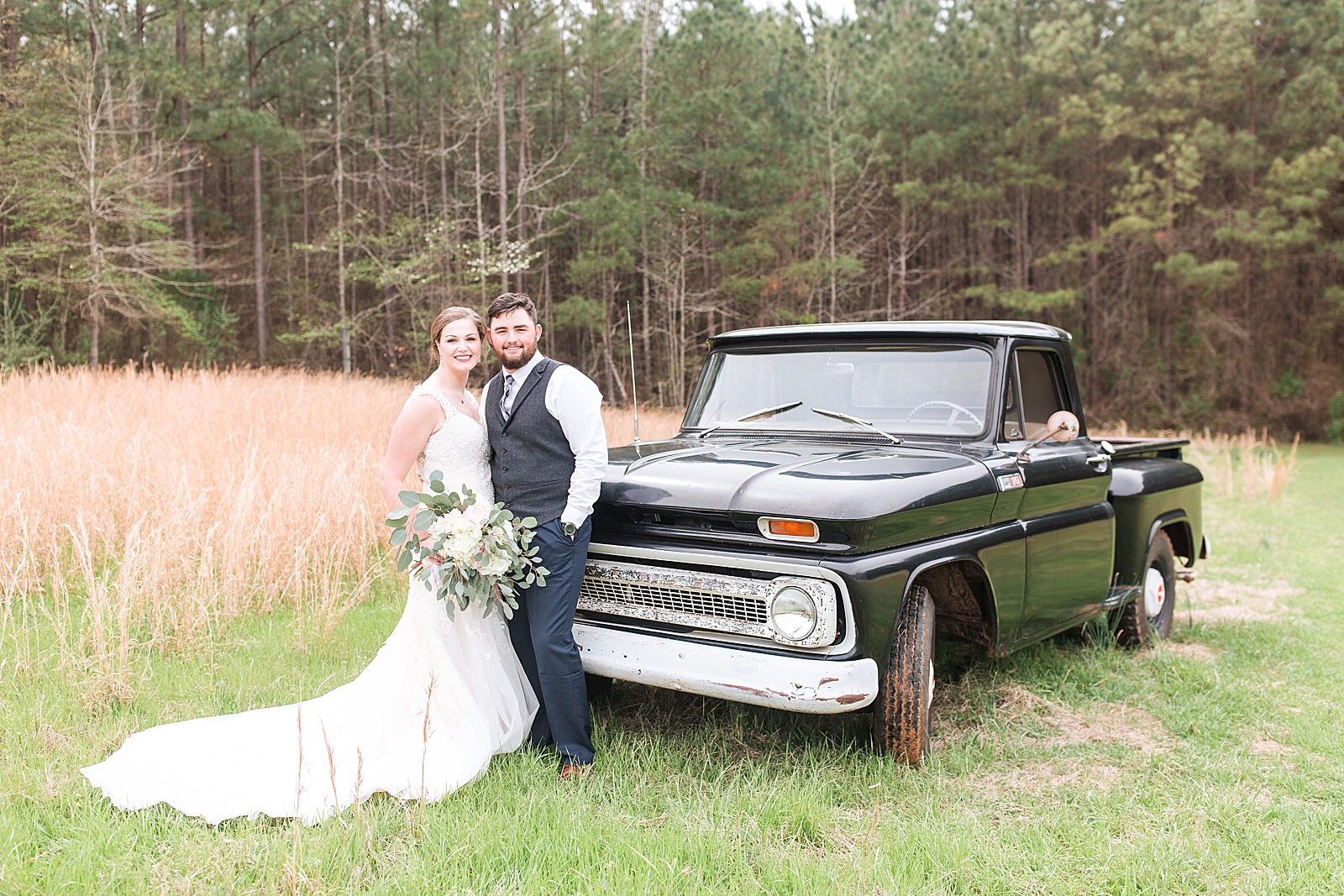 Macedonia Hills Wedding Bride and Groom in front of old chevy Photo
