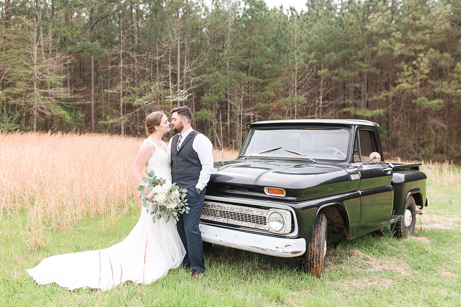 Macedonia Hills Wedding Bride and Groom in front of Old Chevy Photo