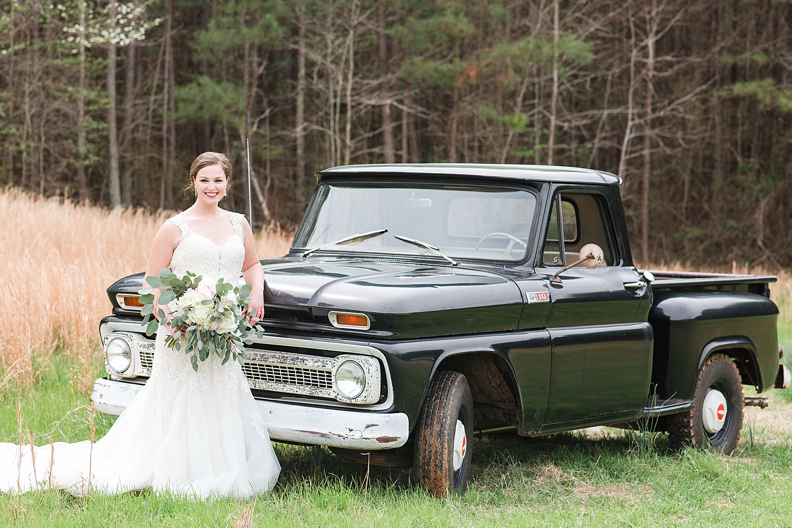 Macedonia Hills Wedding Bride leaning on chevy Photo