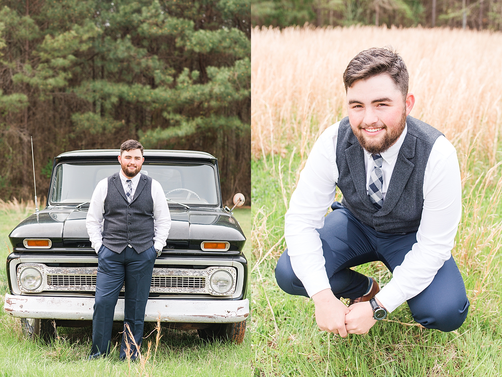 Macedonia Hills Wedding Groom leaning on chevy in Field Photos