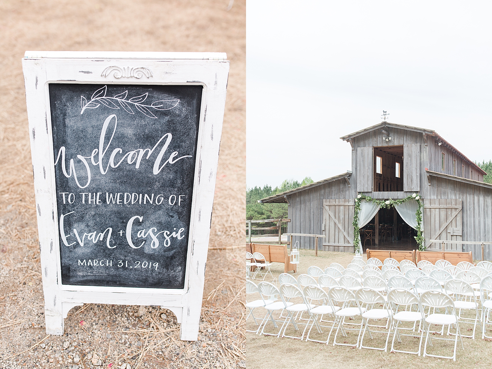 Macedonia Hills Wedding Ceremony Sign and Barn with Chairs Photos