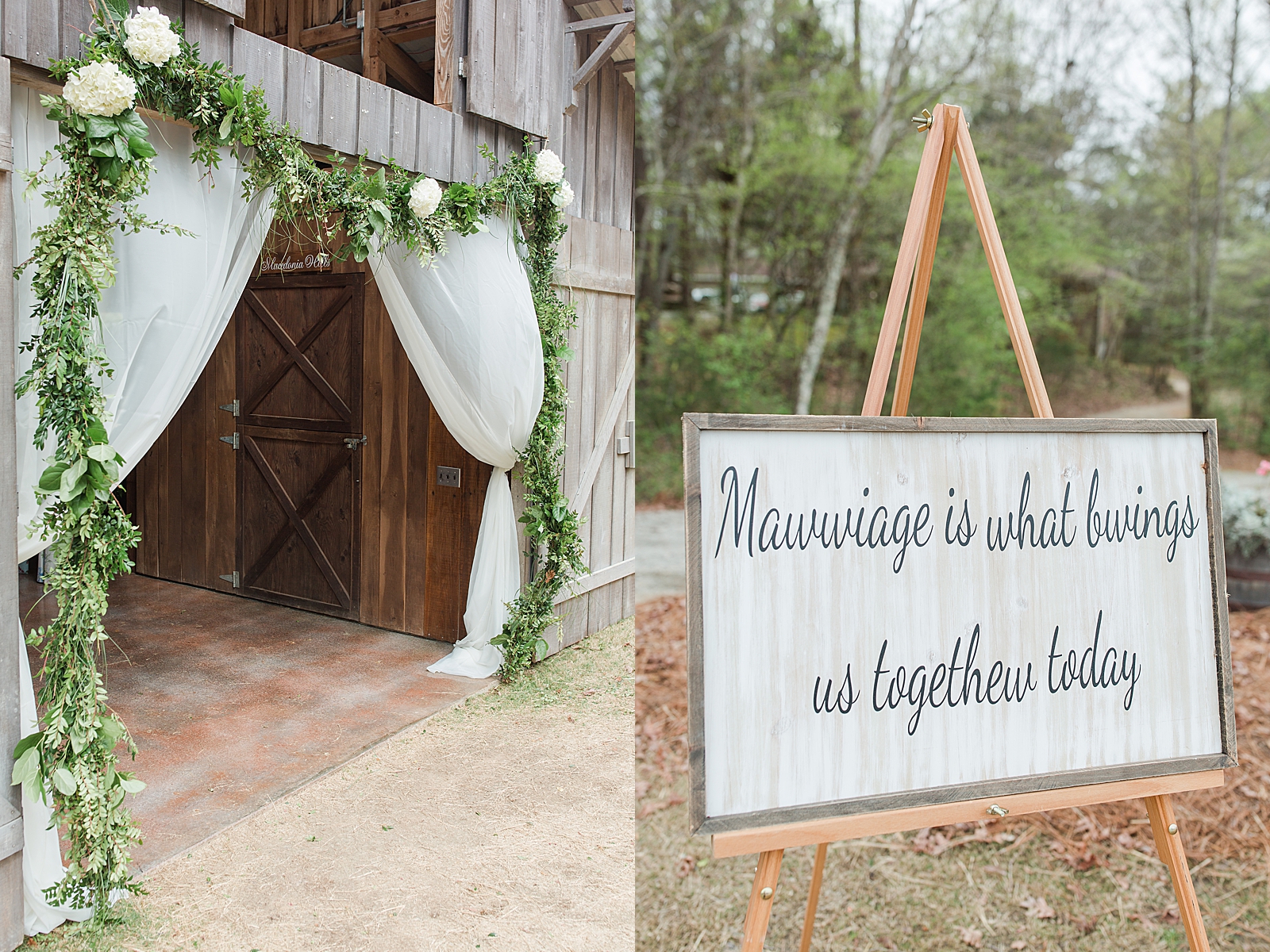 Macedonia Hills Wedding Ceremony Sign and Barn with Garland Photos