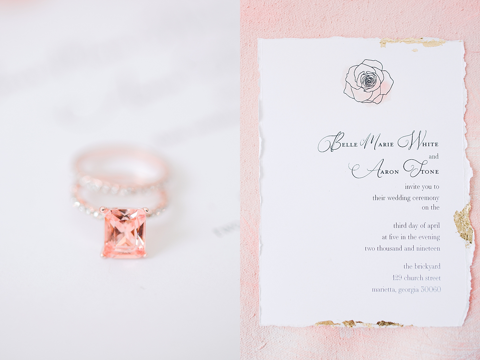 Spring Brickyard Wedding Pink Diamond Ring and Invitation Photos