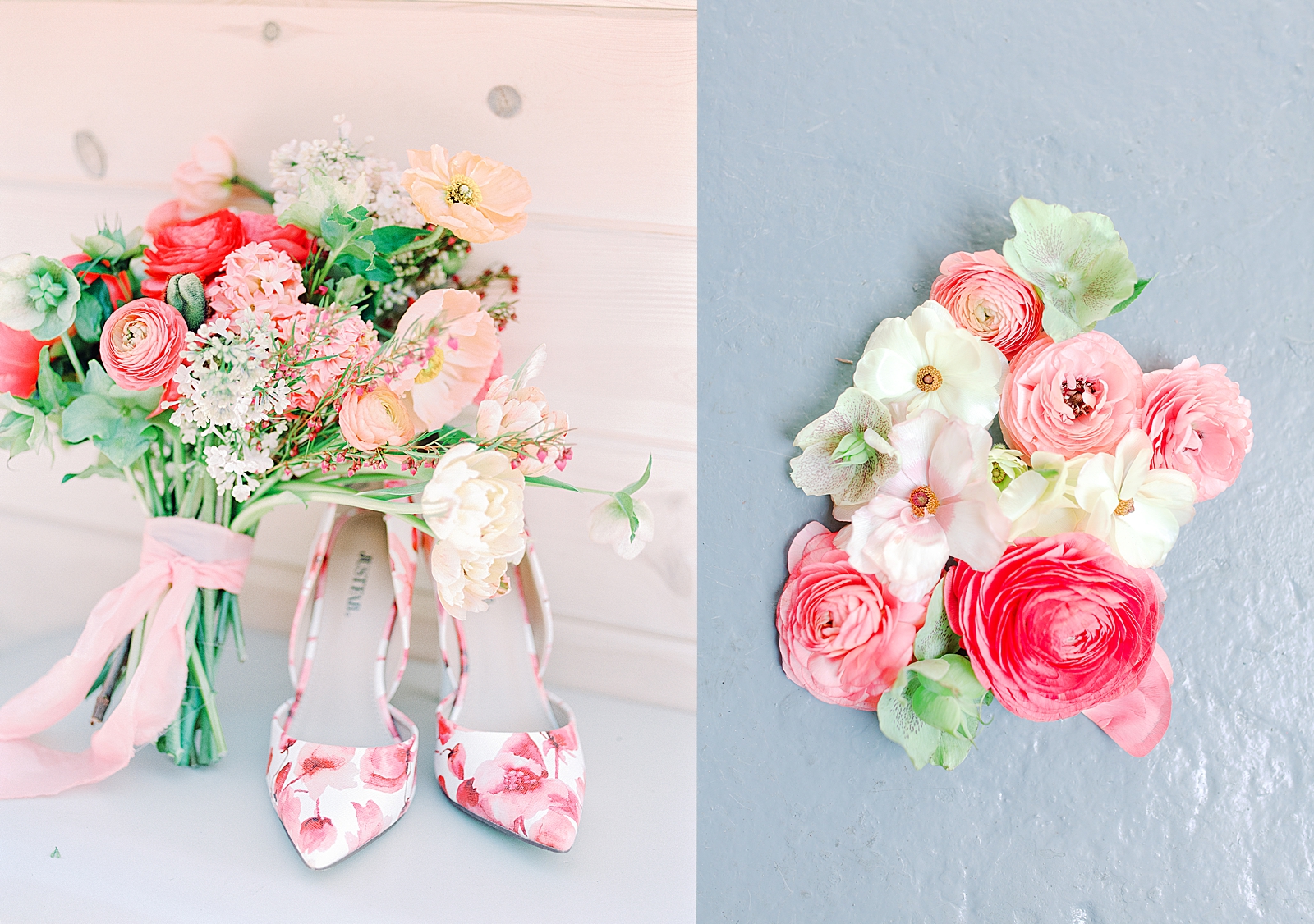 Spring Brickyard Wedding Bridal Bouquet and shoes and Florals on Blue floor detail Photos