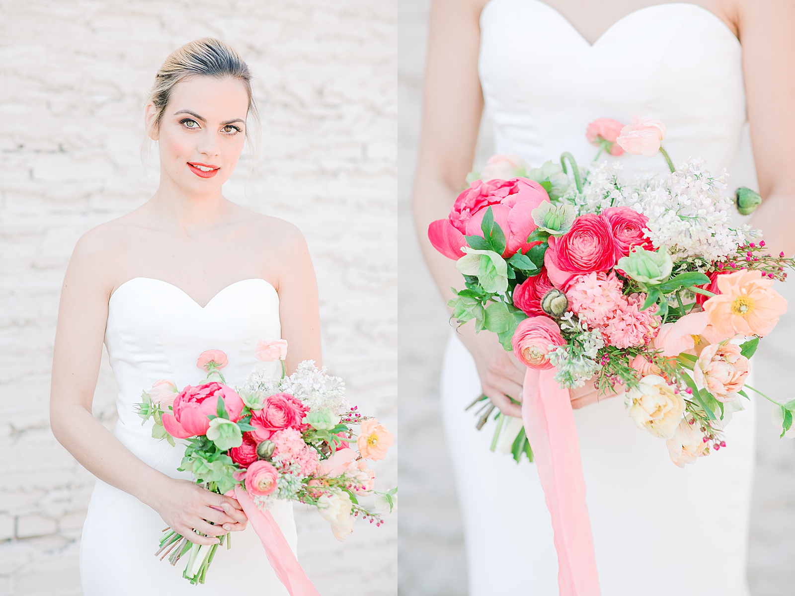 Spring Brickyard Wedding Bride holding bouquet with coral florals Photos
