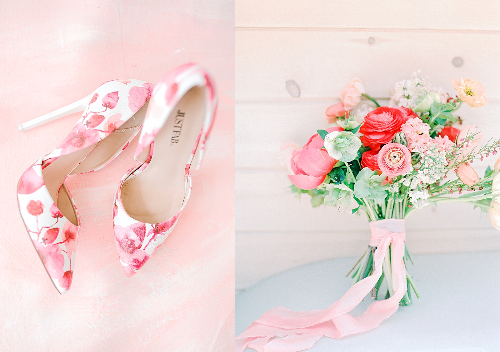 Spring Brickyard Wedding Coral Bridal shoes and bouquet Photos
