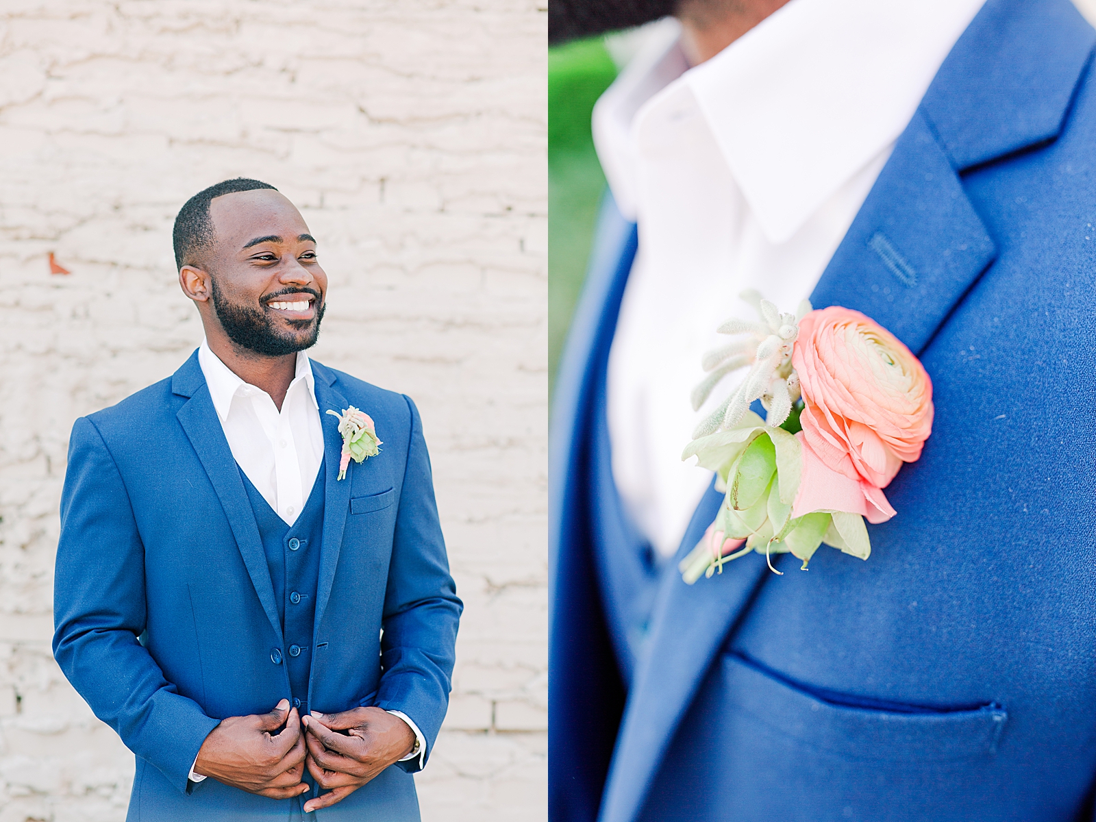 Spring Brickyard Wedding Handsome groom in blue suit and Boutonniere Photos