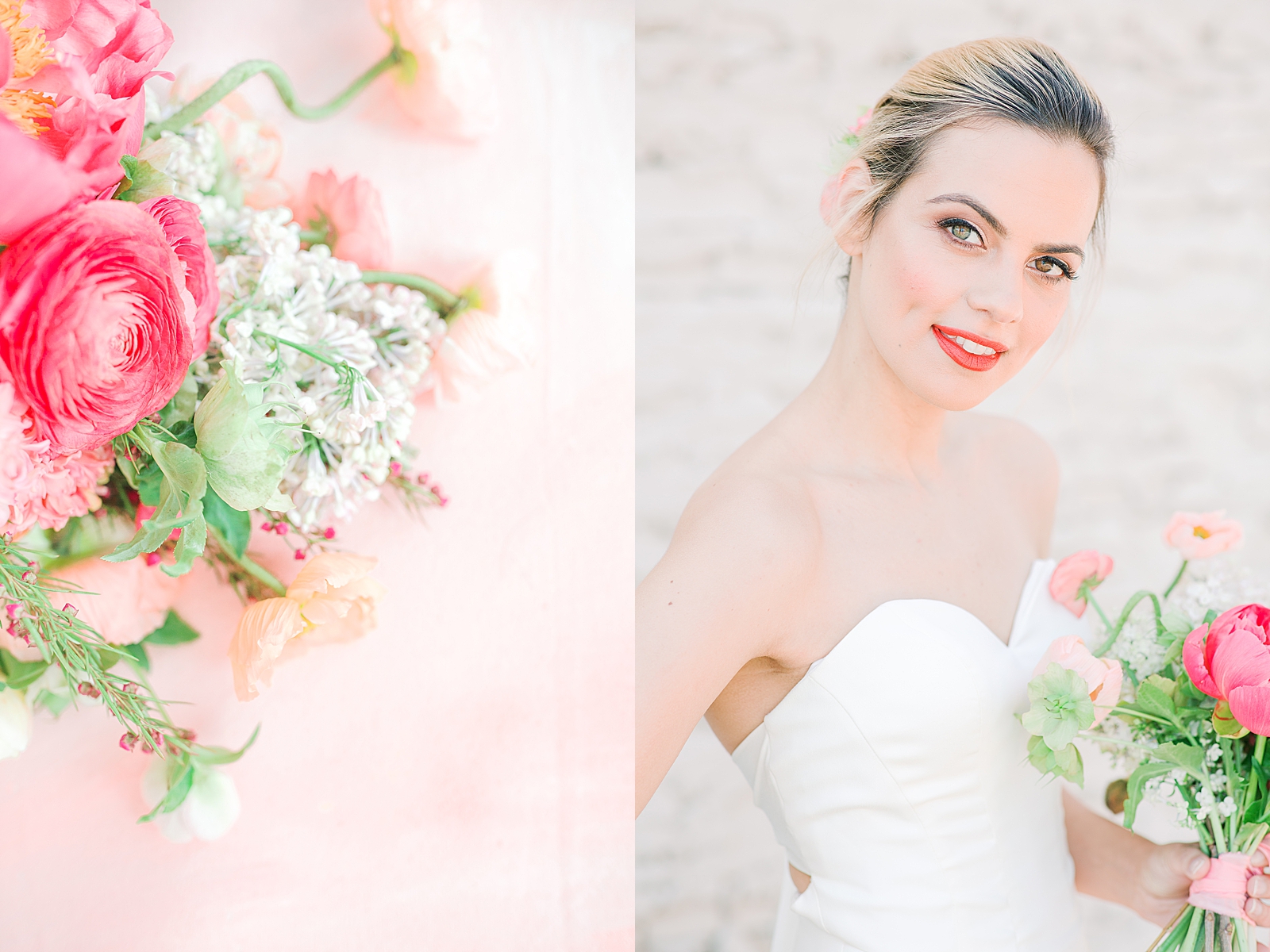 Spring Brickyard Wedding bridal Bouquet Detail and Bride Smiling at camera holding bouquet Photos