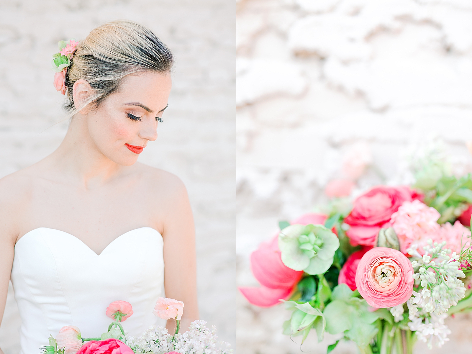 Spring Brickyard Wedding Bride looking down profile and bouquet detail Photos
