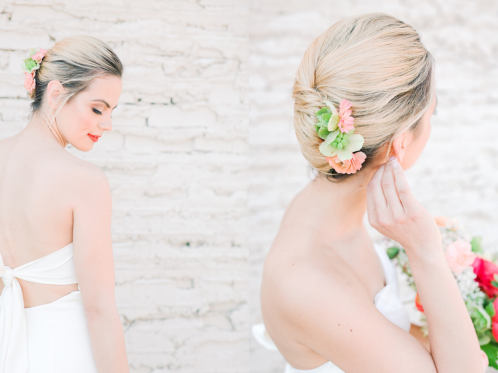 Spring Brickyard Wedding Bride looking over her shoulder and detail of floral comb in brides hair Photos