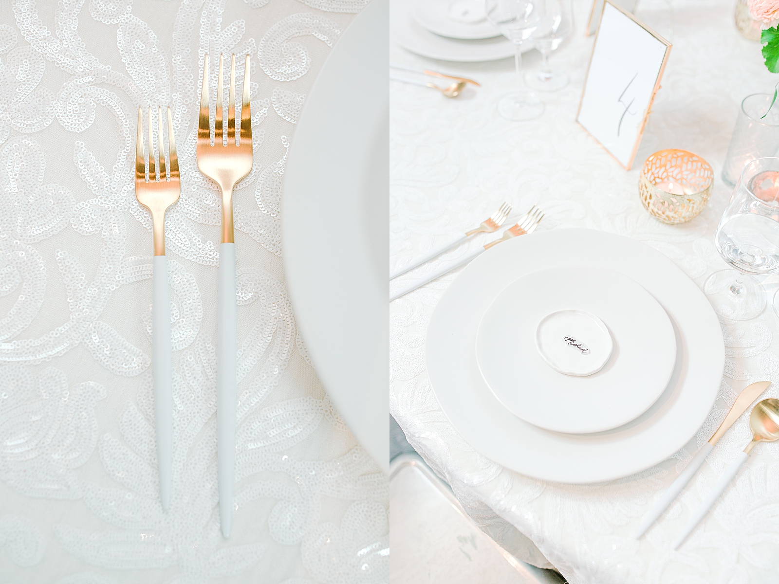 Spring Brickyard Wedding Reception Table Setting Utensils Detail and Plates Detail Photos