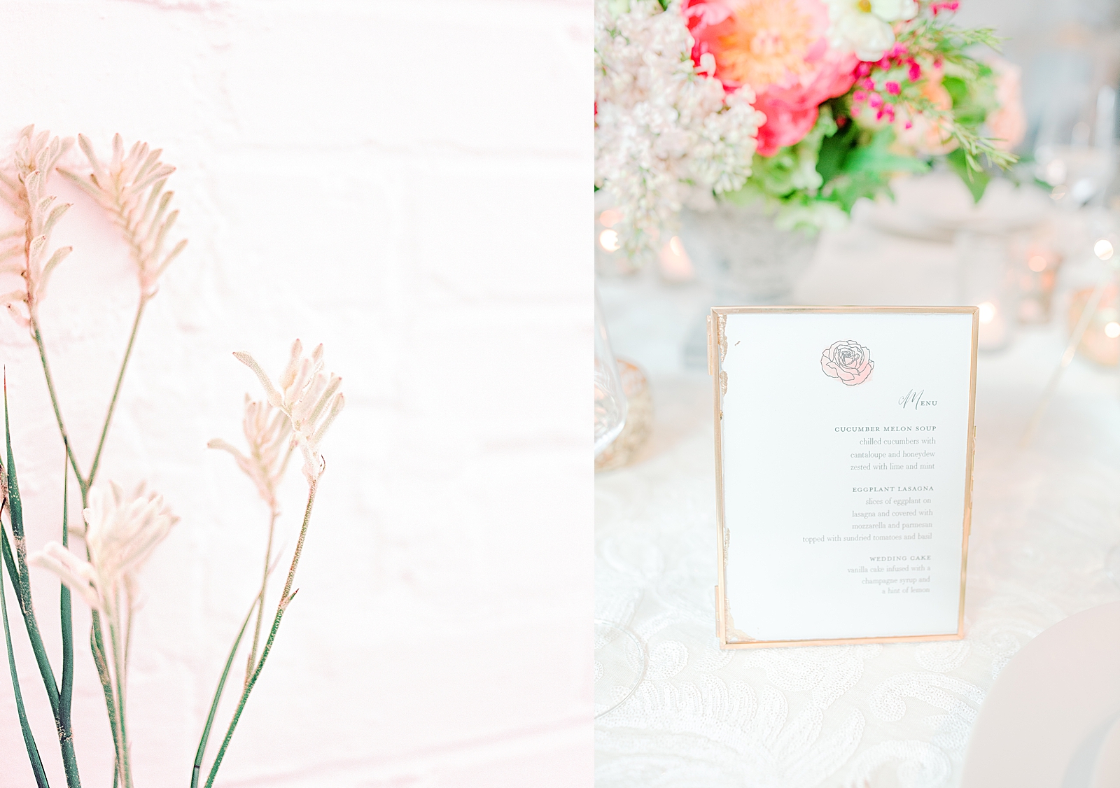 Spring Brickyard Wedding Floral detail on white wall and Menu on Reception Table Photos