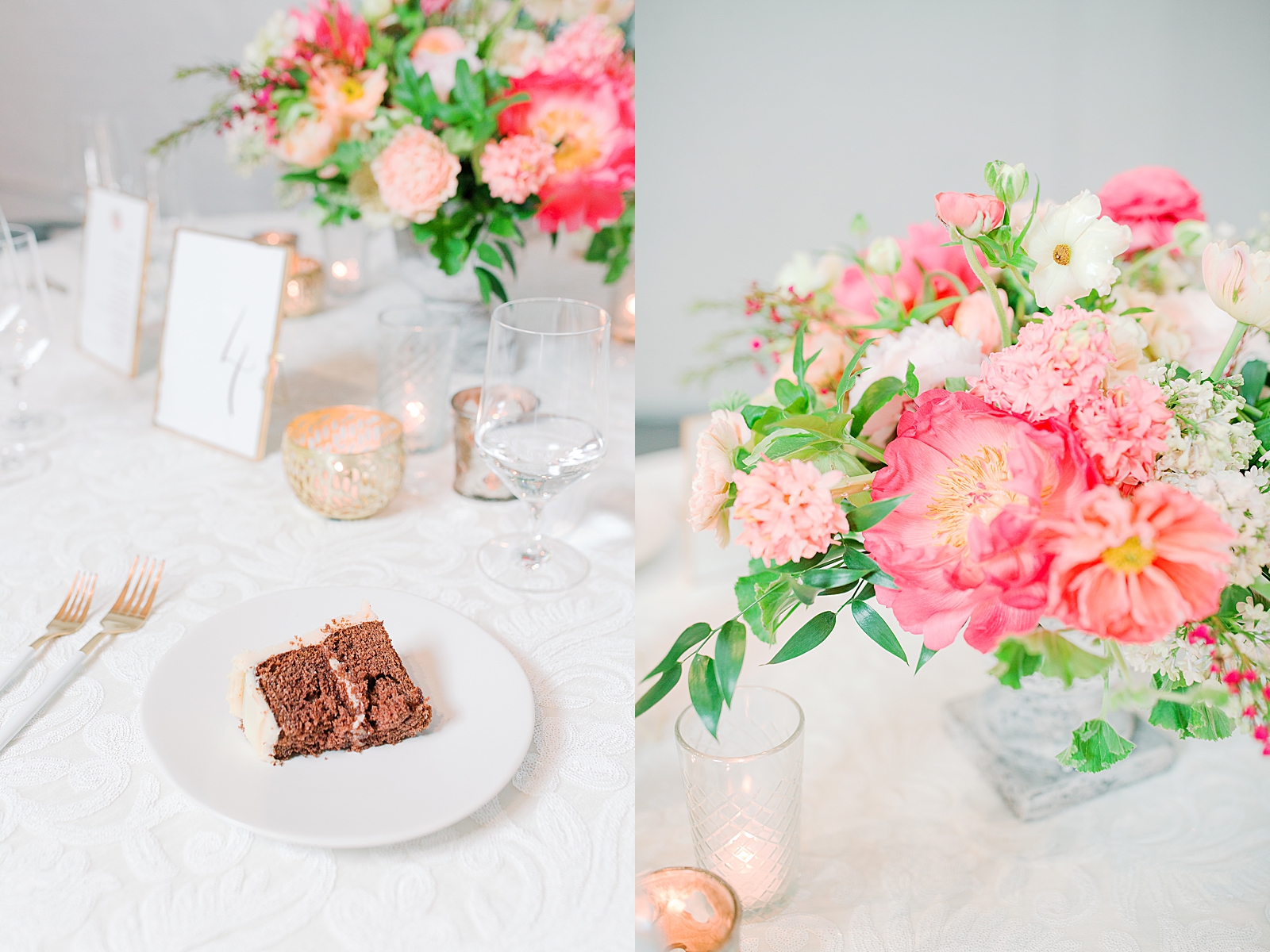 Spring Brickyard Wedding Reception Table with a piece of cake and Table Centerpiece Photos