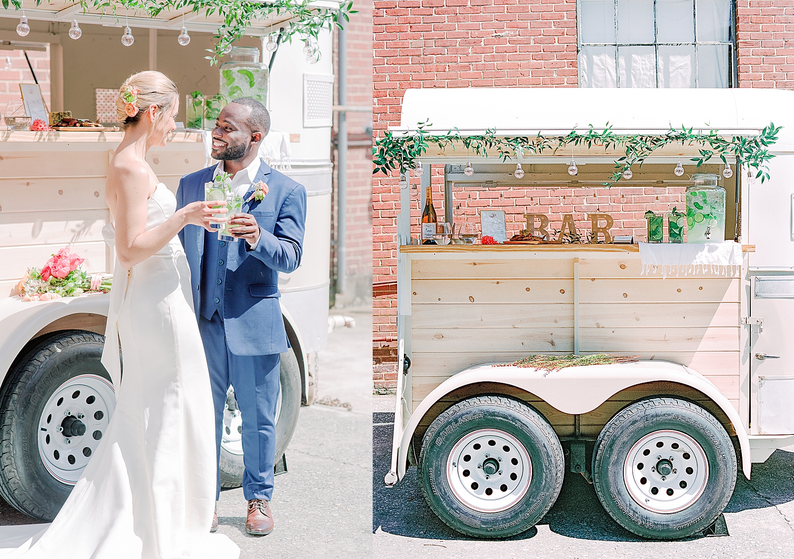 Spring Brickyard Wedding Reception Couple Toasting in Front of Mobile Bar and Detail of Mobile Bar Photos