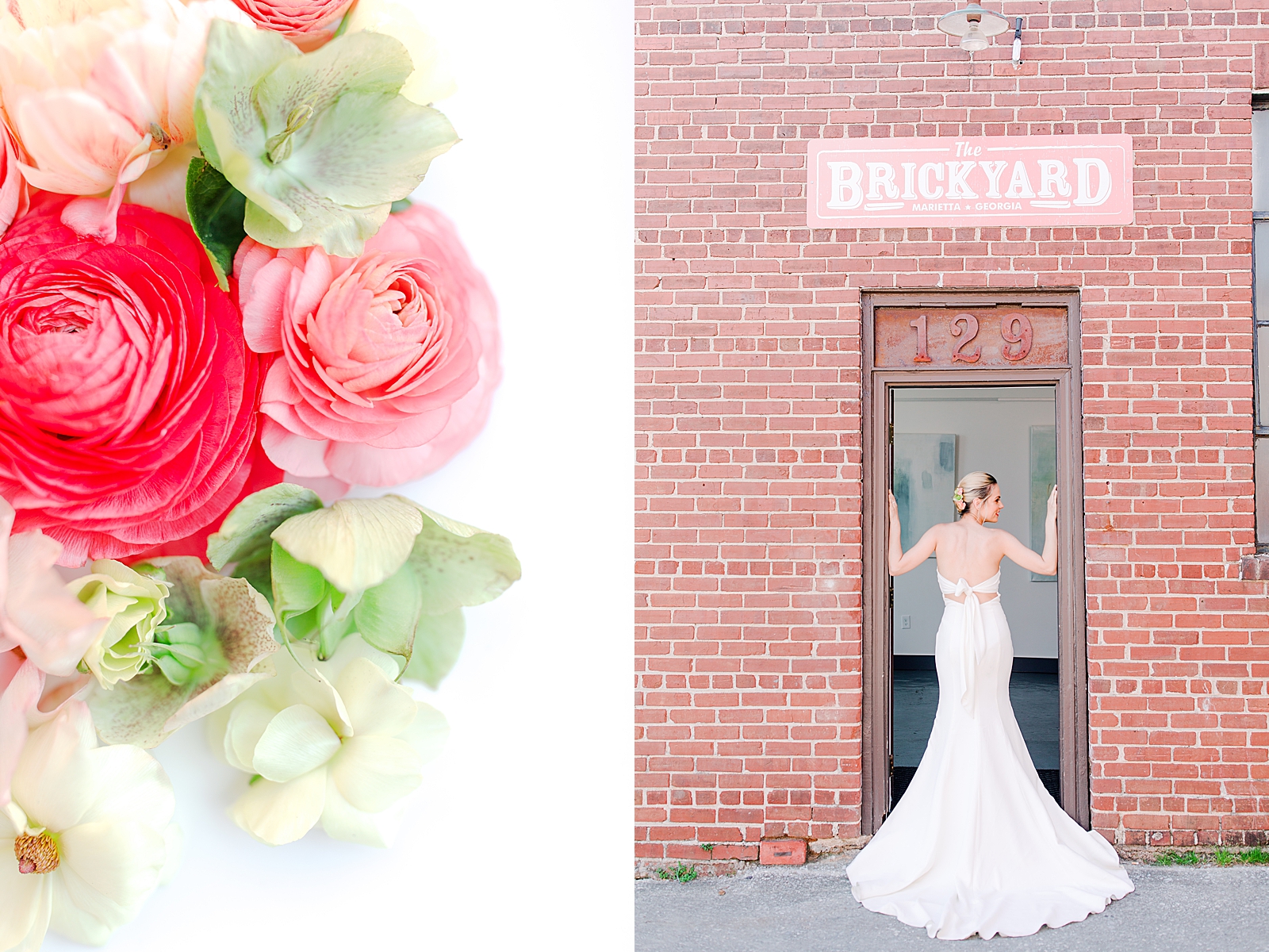 Spring Brickyard Wedding Flower Detail and Bride in door frame under Brickyard Sign Photos