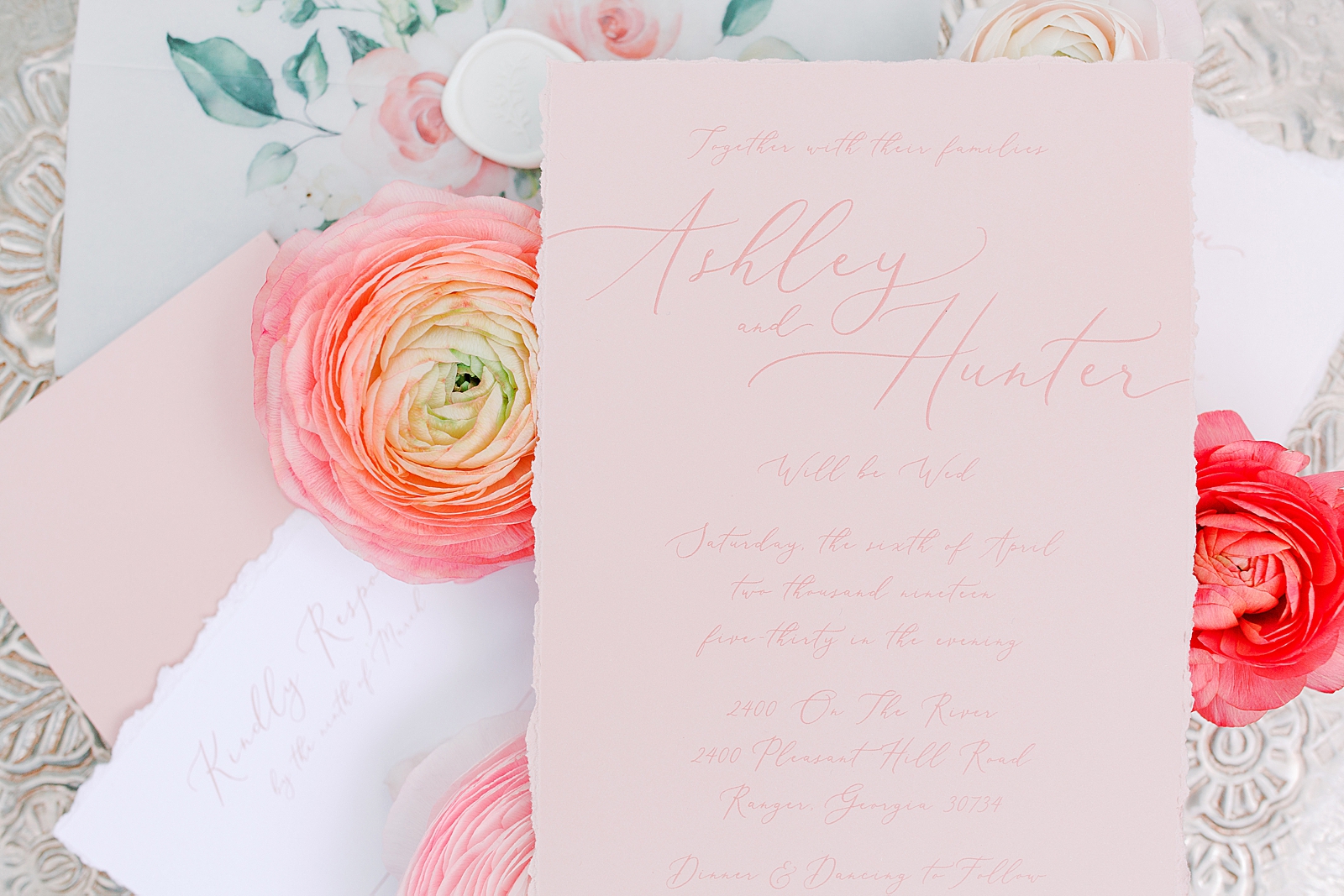 2400 On The River Wedding Invitation Suite with Flowers Photo